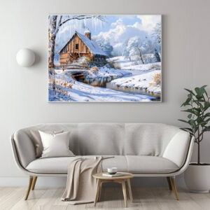 Poster: Rustic Winter Barn by Frozen Stream