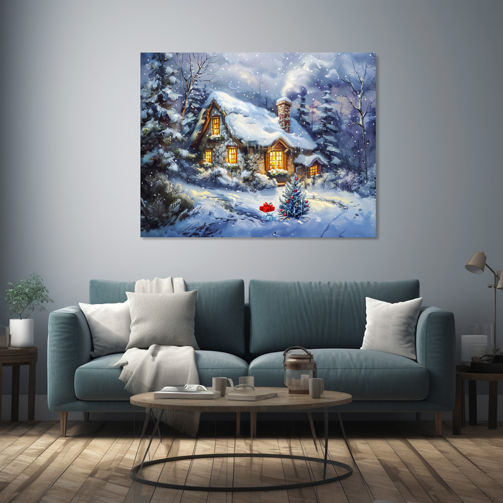 Poster: Cozy Winter Cottage with Christmas Tree