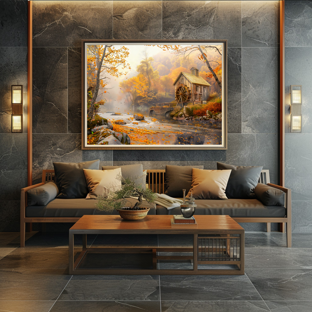 Poster: Old Water Mill by Stream in Autumn