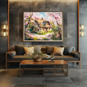 Poster: Spring Cottage with Blossoming Fruit Trees