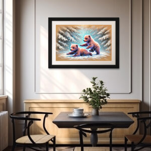 Poster: Playful Bear Cubs in Snow Pastel Chalk Drawing