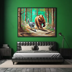Poster: Wolf and Bear Chase Pastel Chalk Forest Scene