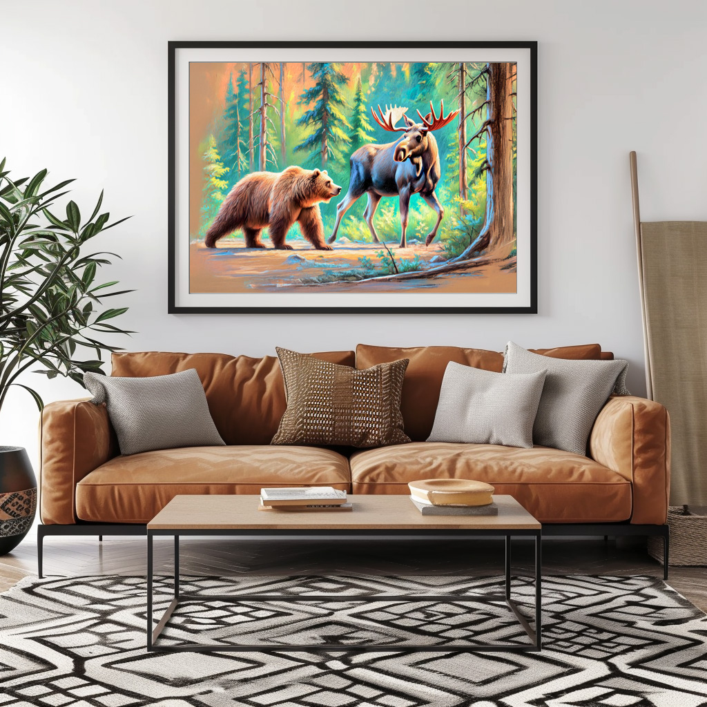 Poster: Bear and Moose in Forest Pastel Chalk Drawing