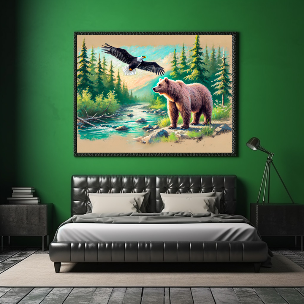 Poster: Bear and Eagle in Forest Stream Pastel Chalk Drawing