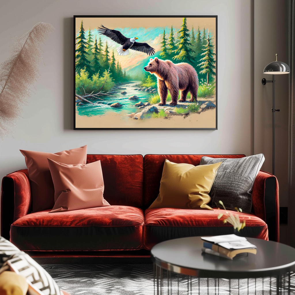 Poster: Bear and Eagle in Forest Stream Pastel Chalk Drawing - immagine 2