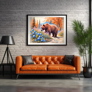 Poster: Brown Bear with Blueberries Pastel Chalk Art
