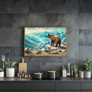 Poster: Brown Bear on Mountain Pastel Chalk Scene