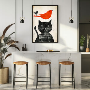 Poster: Black Cat with Red Bird and Hybrid Creature