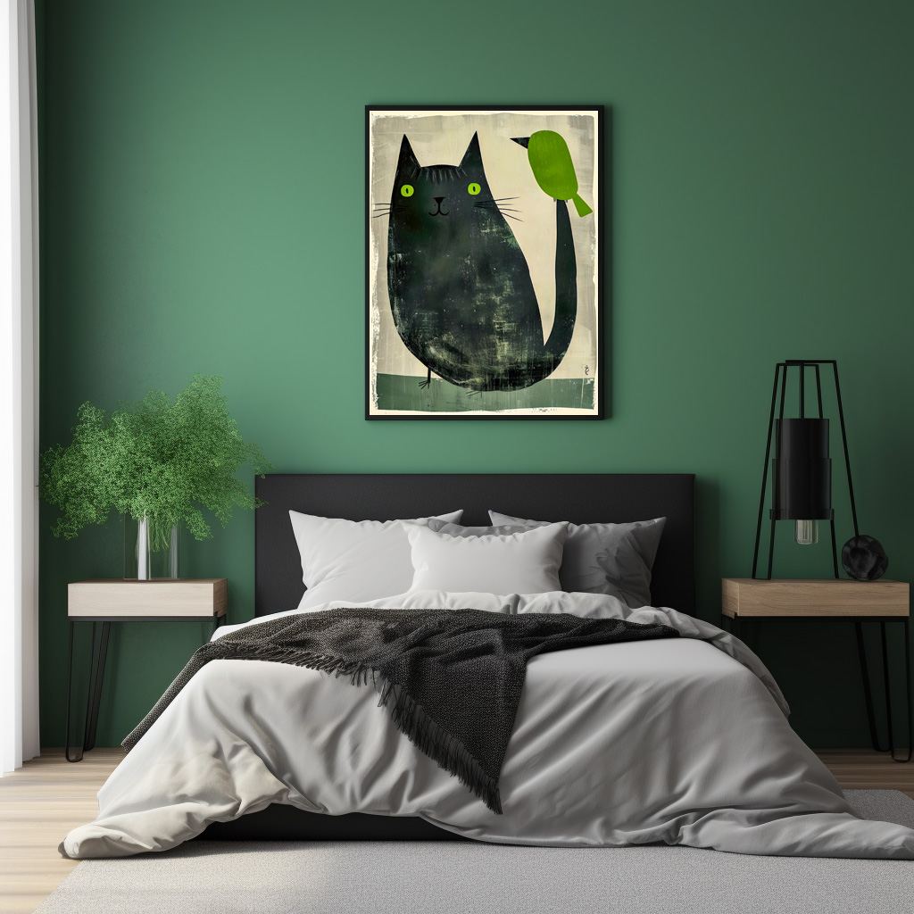 Poster: Black Cat with Green Bird on Tail – Image 2