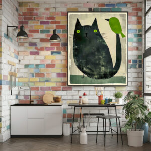 Poster: Black Cat with Green Bird on Tail