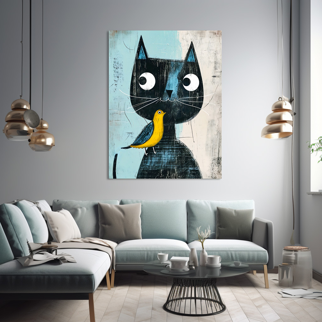 Poster: Friendly Comic Black Cat with Yellow Bird – Image 2
