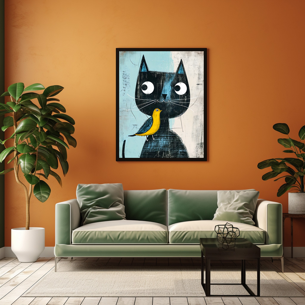 Poster: Friendly Comic Black Cat with Yellow Bird – Image 3