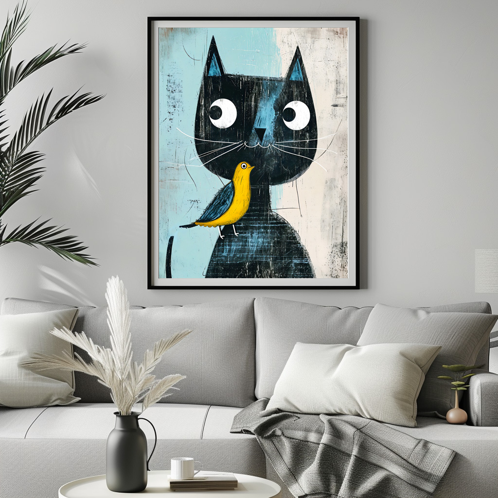 Poster: Friendly Comic Black Cat with Yellow Bird