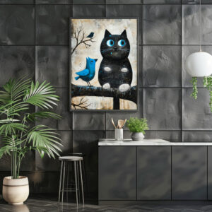 Poster: Frightened Black Cat and Blue Bird on Branch