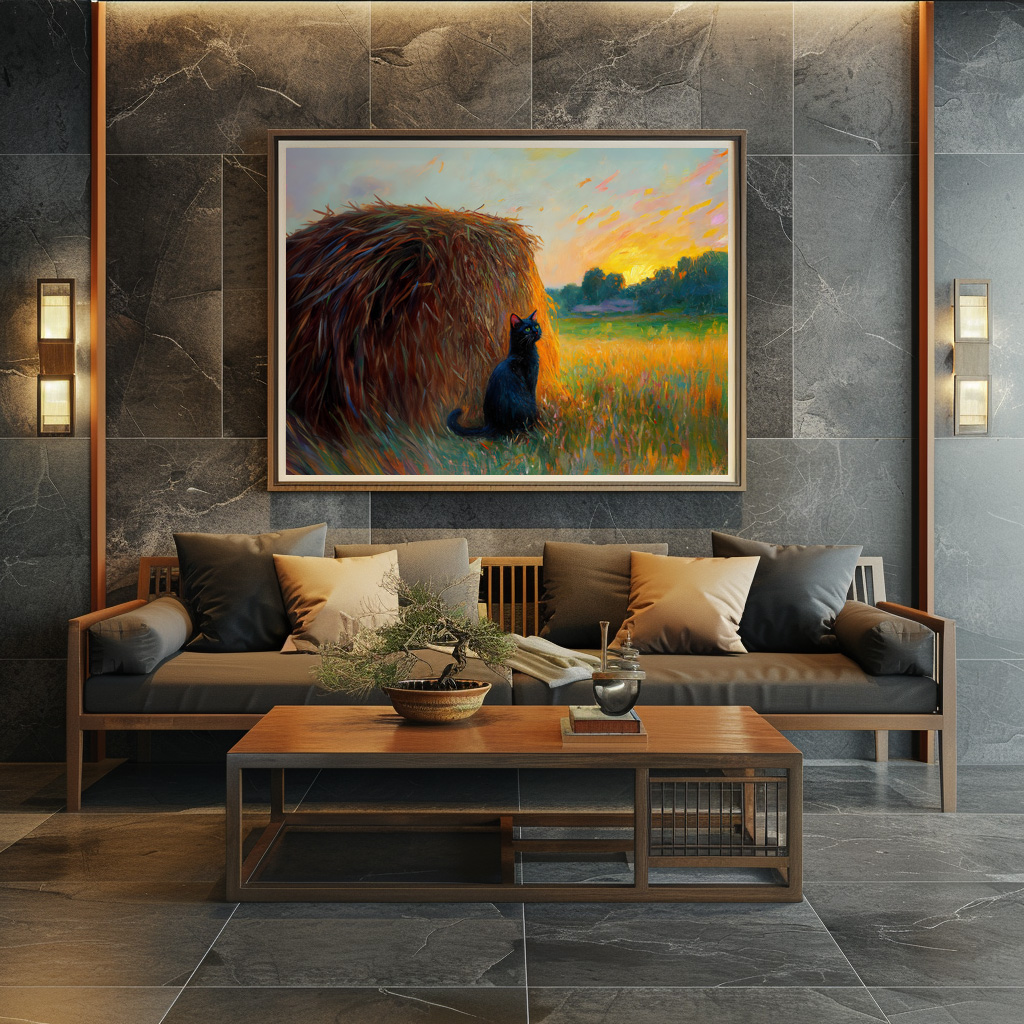 Poster: Impressionistic Oil Painting of Cat by Haystack at Sunset - Imagen 2