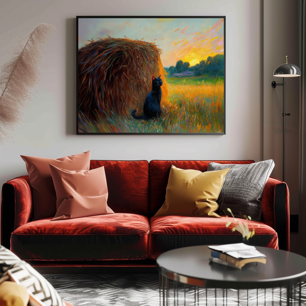 Poster: Impressionistic Oil Painting of Cat by Haystack at Sunset