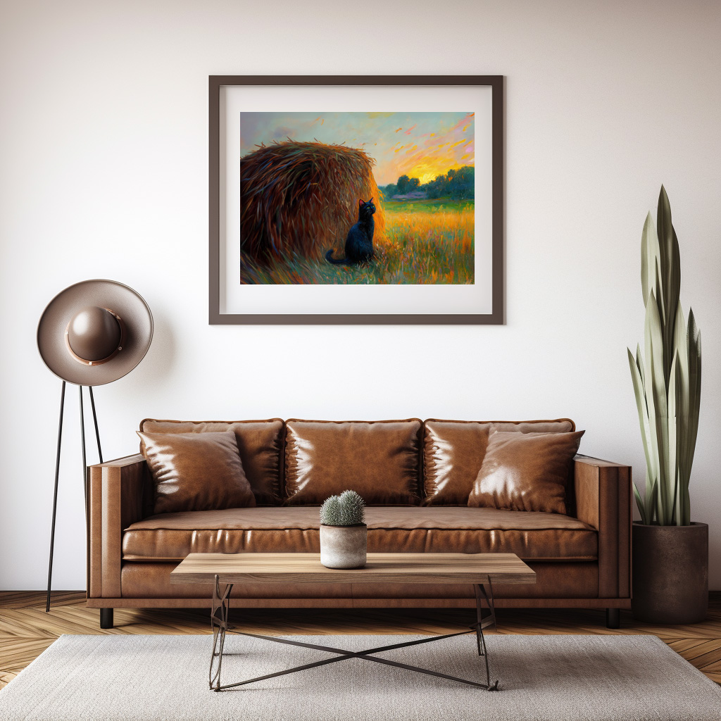 Poster: Impressionistic Oil Painting of Cat by Haystack at Sunset - Imagen 3
