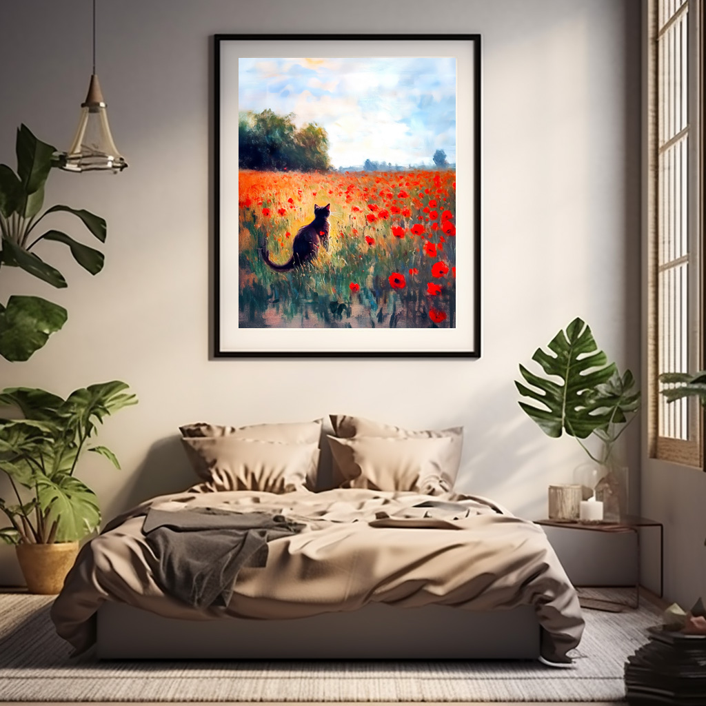 Poster: Impressionistic Oil Painting of Cat in Blooming Poppy Field - Imagen 2