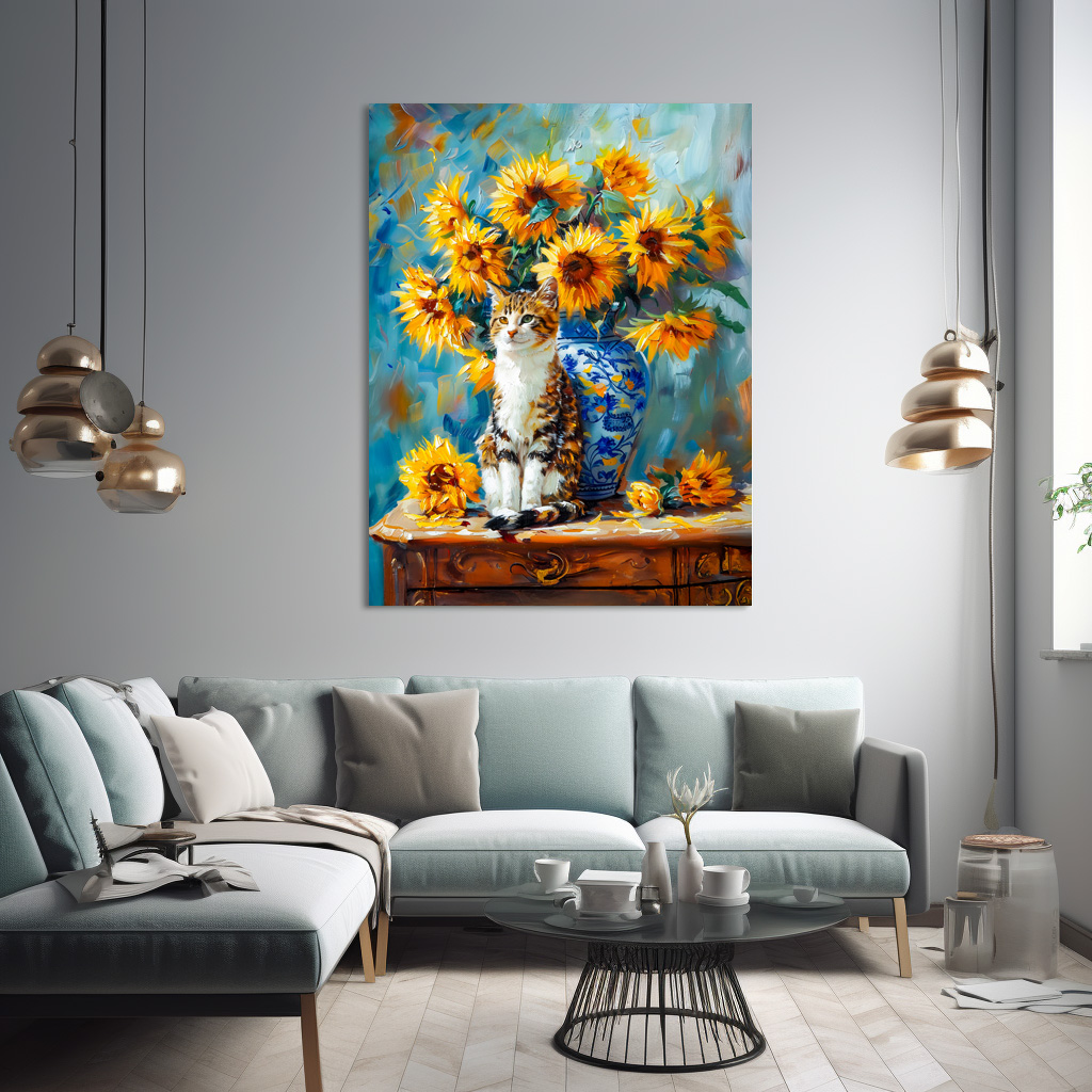 Poster: Impressionistic Oil Painting of Cat by Sunflower Bouquet – Image 2