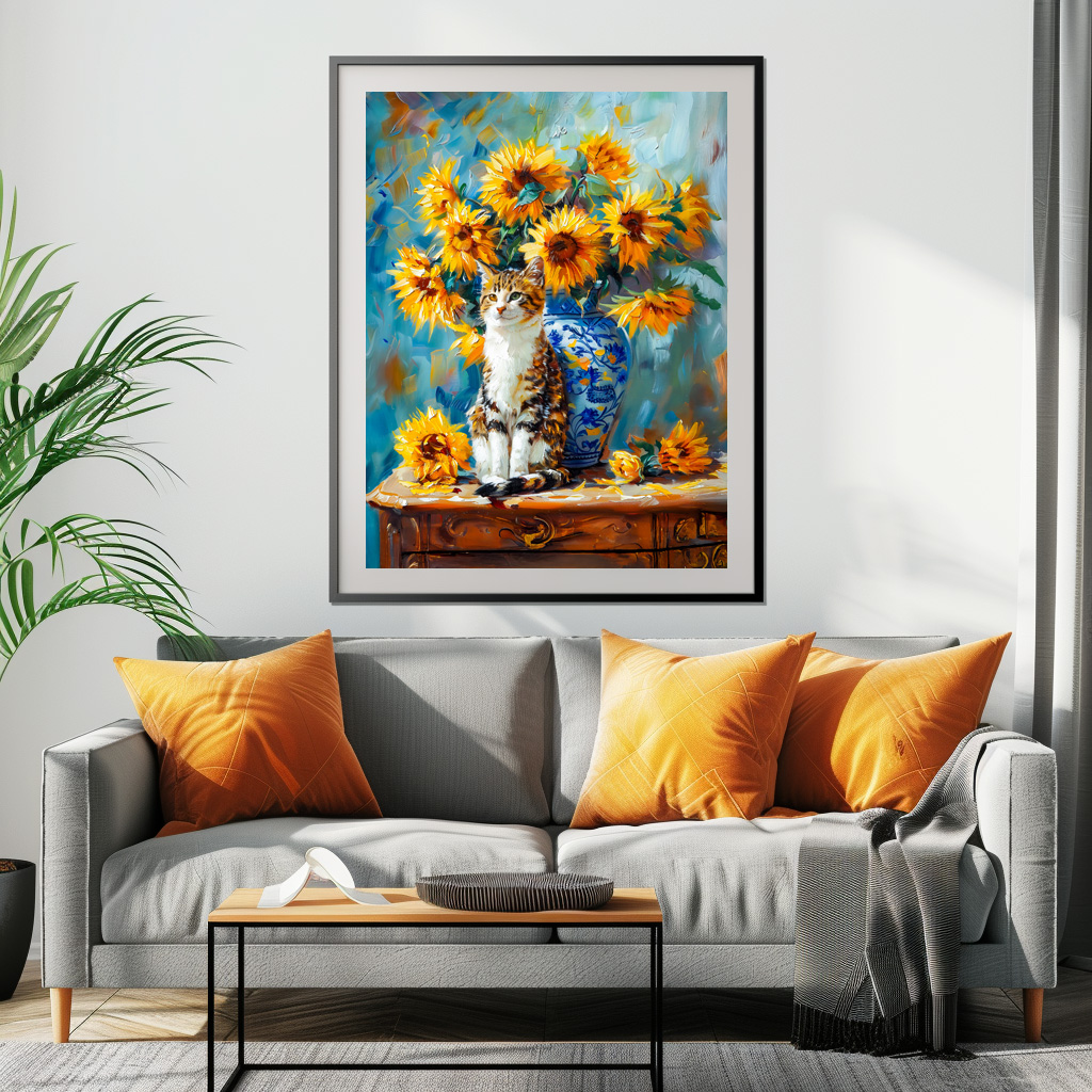 Poster: Impressionistic Oil Painting of Cat by Sunflower Bouquet