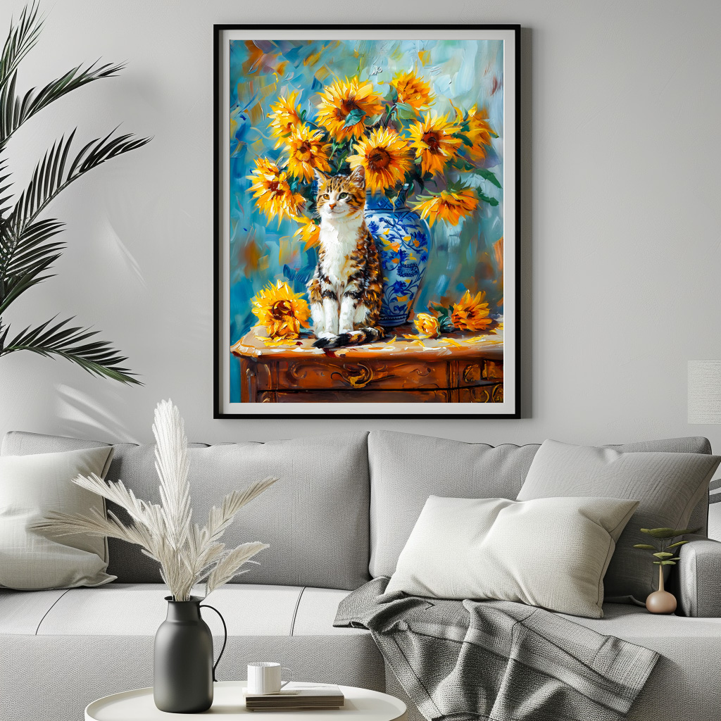 Poster: Impressionistic Oil Painting of Cat by Sunflower Bouquet – Image 3