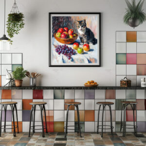 Poster: Impressionistic Oil Painting of Cat in Still Life with Apples and Grapes