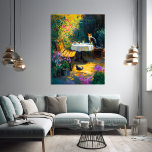 Poster: Impressionistic Oil Painting of Cats Playing in Garden Corner