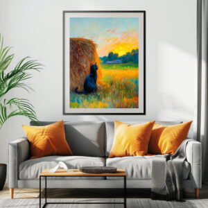 Poster: Impressionistic Oil Painting of Cat by Haystack at Sunset