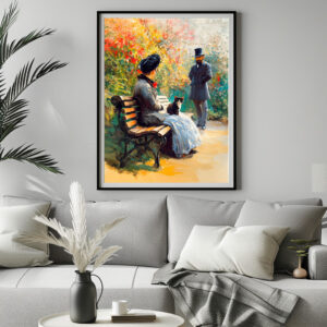 Poster: Impressionistic Oil Painting of Couple in Garden with Cat on Lap