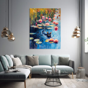 Poster: Impressionistic Oil Painting of Black Cat in Lily Pond