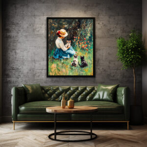 Poster: Impressionistic Oil Painting of Lady with Hat Playing with Kittens