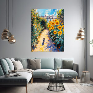 Poster: Impressionistic Oil Painting of Cat in Sunlit Garden