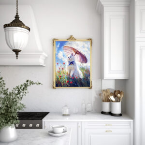 Poster: Impressionistic Oil Painting of White Cat with Parasol in Poppy Field