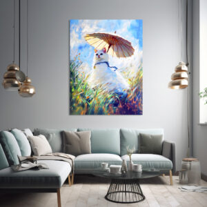 Poster: Impressionistic Oil Painting of White Cat with Parasol in Field