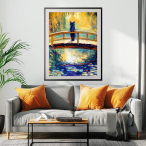 Poster: Impressionistic Oil Painting of Black Cat on Wooden Pier by Pond