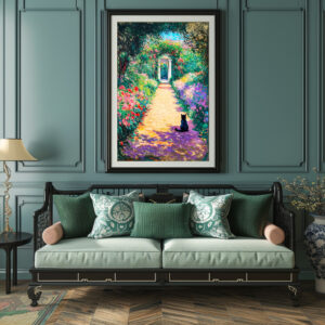 Poster: Impressionistic Oil Painting of Cat on Flower-Lined Garden Path