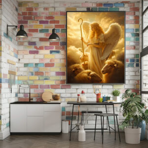 Poster: Heavenly Serenity Female Angel with Sheep and Shepherd Crook