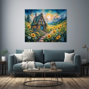 Poster: Magical Cottage with Sunflower Field