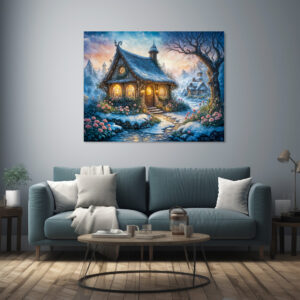 Poster: Charming Winter Cottage with Festive Lights