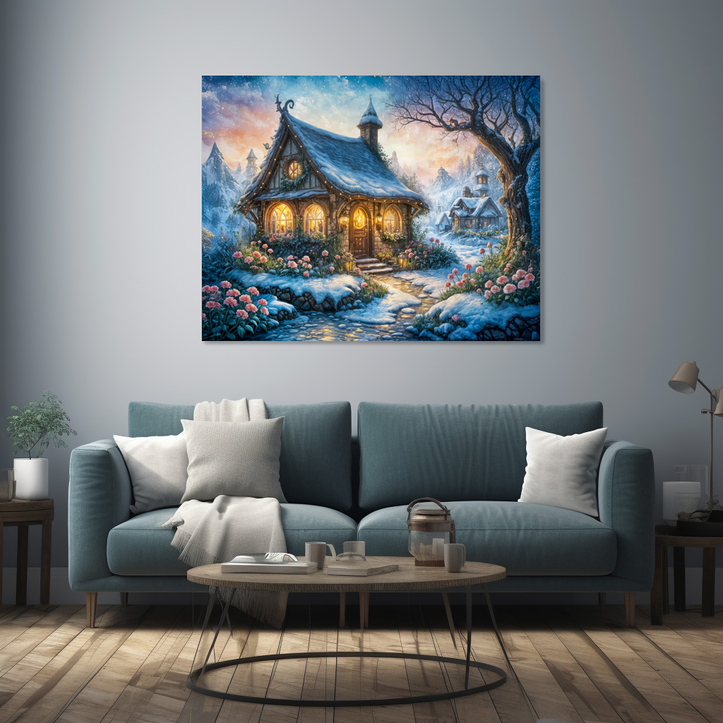 Poster: Charming Winter Cottage with Festive Lights