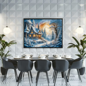 Poster: Enchanting Winter Cottage in Moonlight