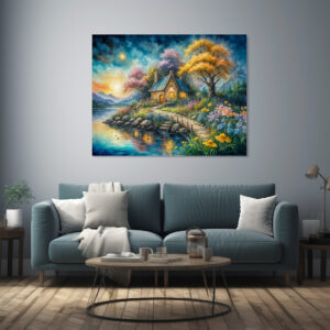 Poster: Enchanting Cottage by Moonlit Stream