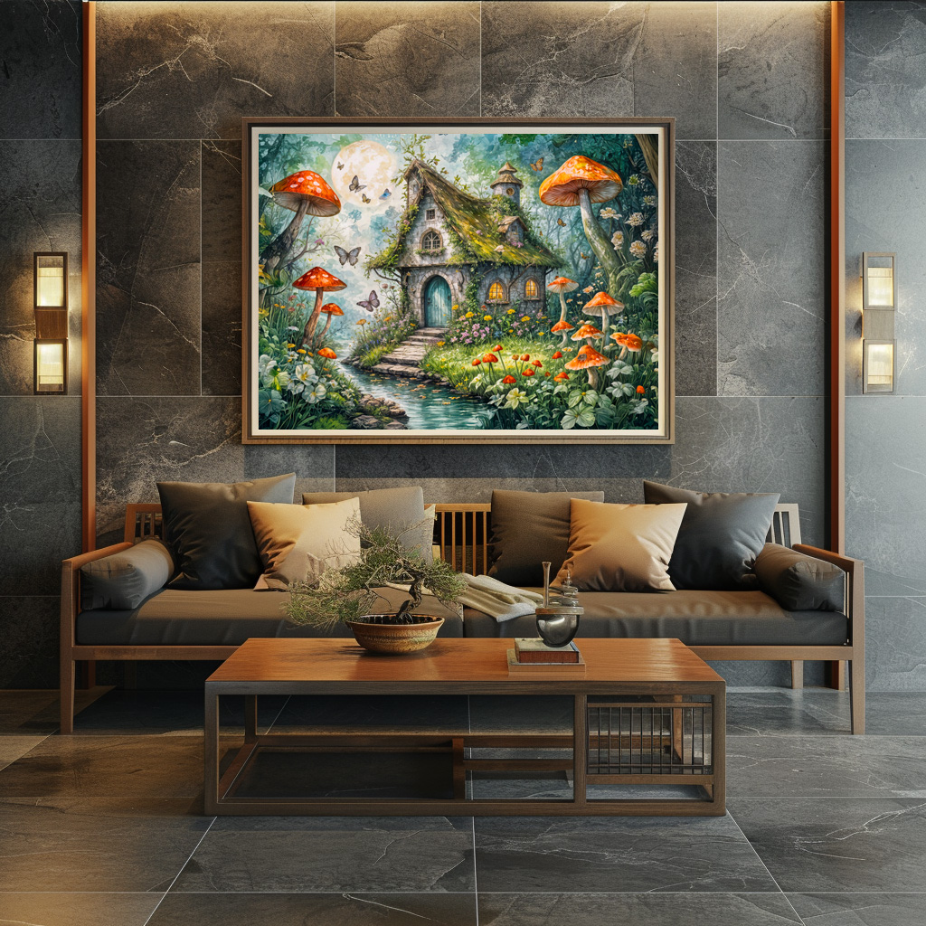 Poster: Whimsical Cottage by Stream with Giant Red Mushrooms