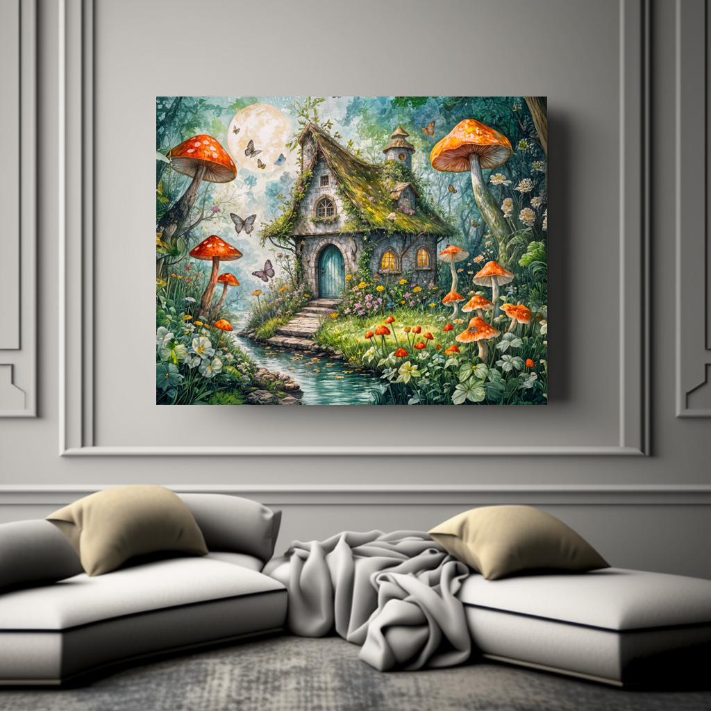 Poster: Whimsical Cottage by Stream with Giant Red Mushrooms - Imagen 2