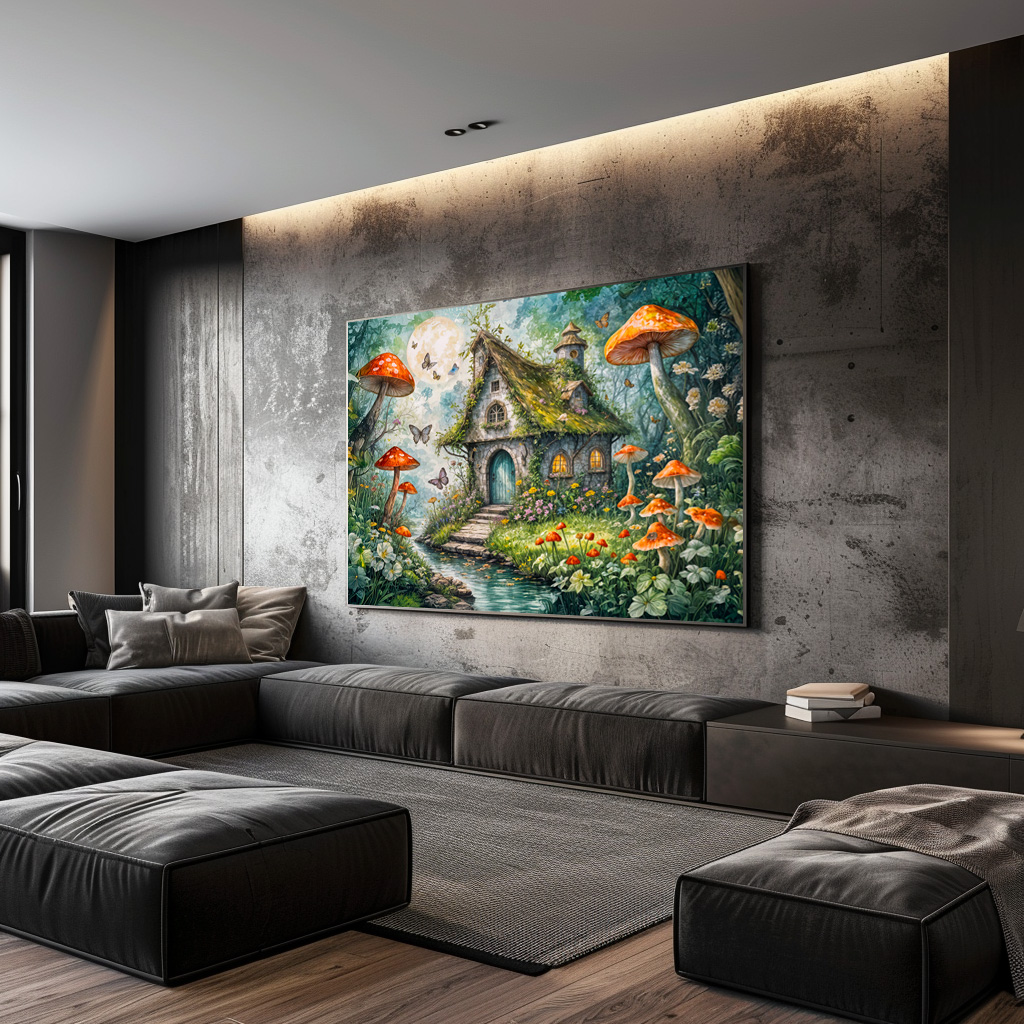 Poster: Whimsical Cottage by Stream with Giant Red Mushrooms - Imagen 3