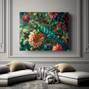 Poster: Lizard Between Dahlia Blooms Garden Illustration