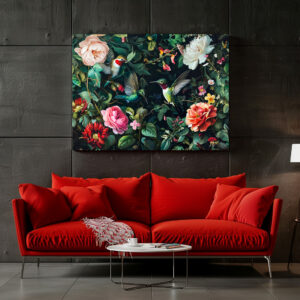 Poster: Hummingbirds with Climbing Vines and Rose Hedge Illustration