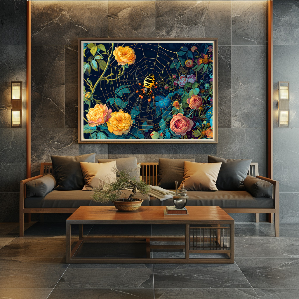 Poster: Wasp Spider in a Web Between Rose Hedge Illustration