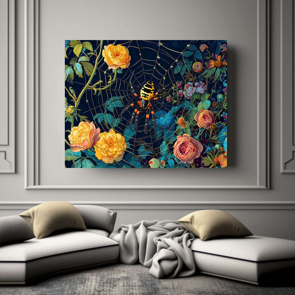 Poster: Wasp Spider in a Web Between Rose Hedge Illustration - Imagen 2