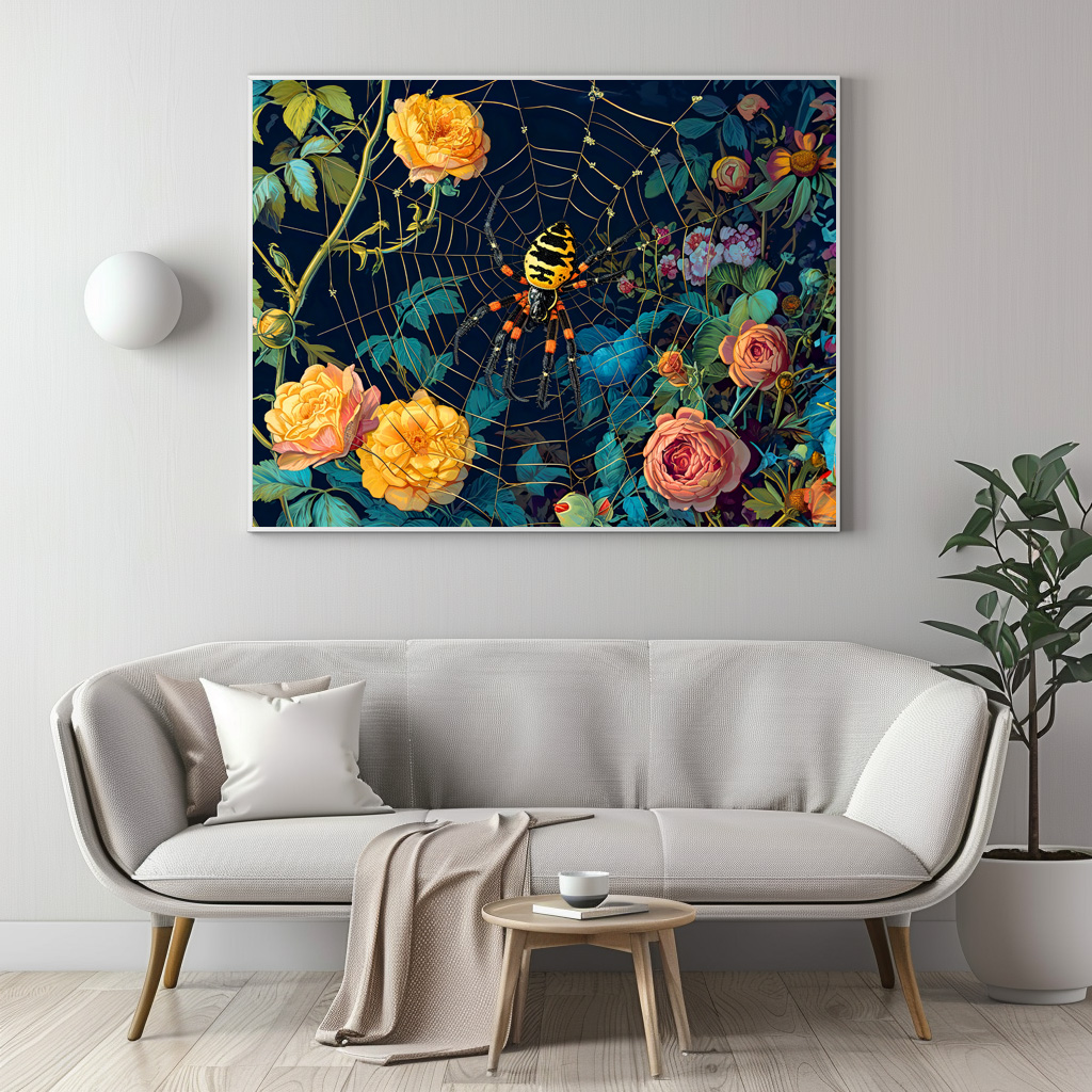 Poster: Wasp Spider in a Web Between Rose Hedge Illustration - Imagen 3